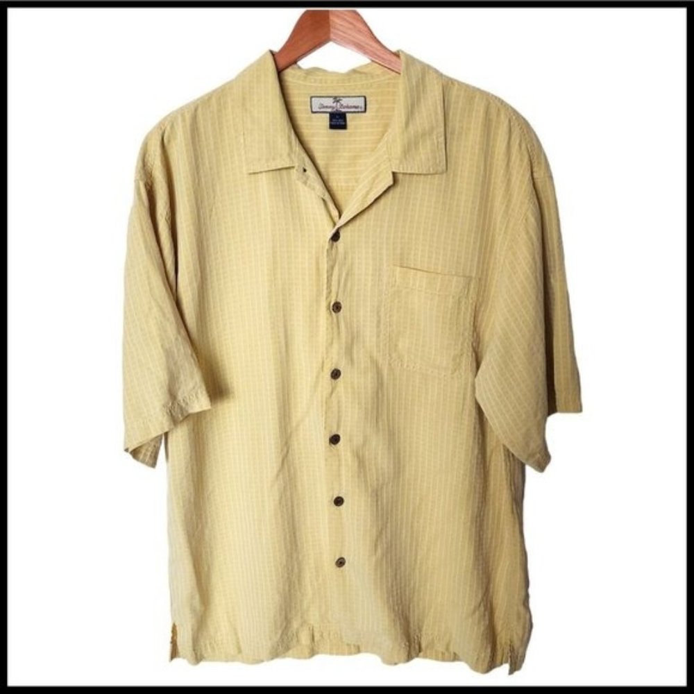 Tommy Bahama Men's Shirt XL Button Front Yellow Stripe 100% Silk Hawaiian